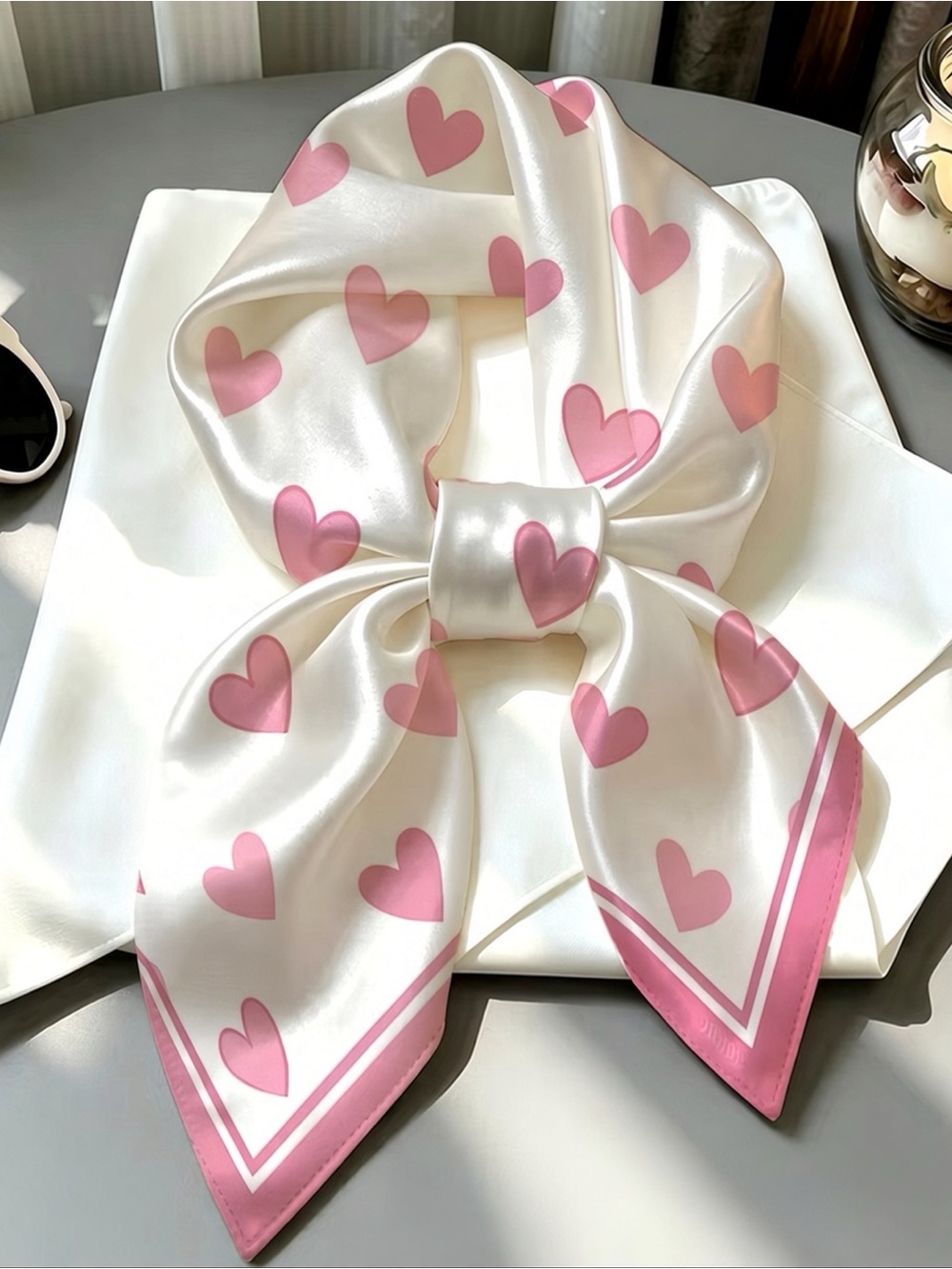 Women's Cream Satin Scarf with Pink Heart Print - Elegant Fashion Accessory